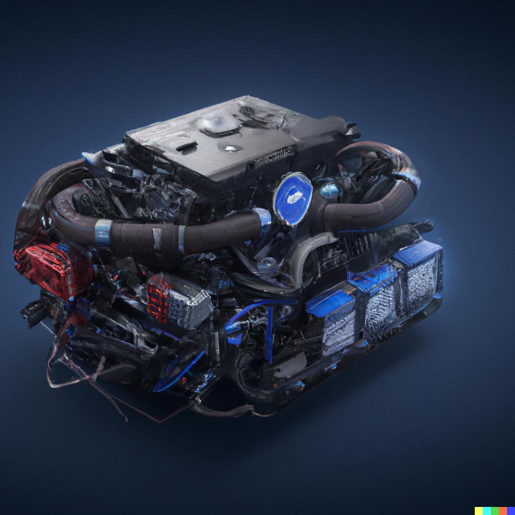 DALL·E prompt: A 3d render of data server in the shape of a ford car engine, realistic, artstation, cg